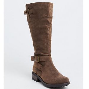 Brown Faux Leather Knee High Wide Calf Boots